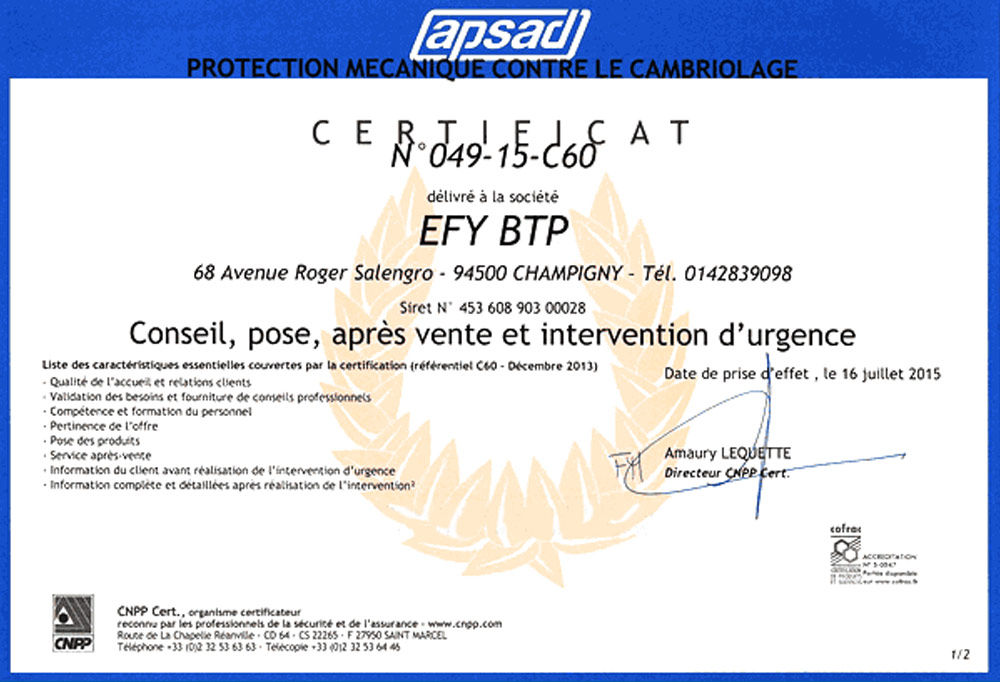 Certification Apsad A2P services